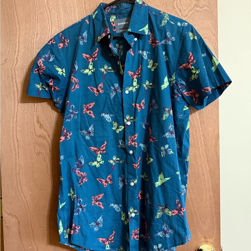 Bonobos Teal Shirt with Multicolor Butterfly Design
